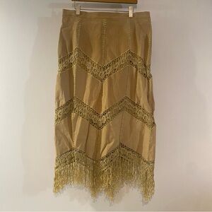 Vintage Suede Essentials Cut Out Embroidered Fringe At Hem Leather Skirt Size L